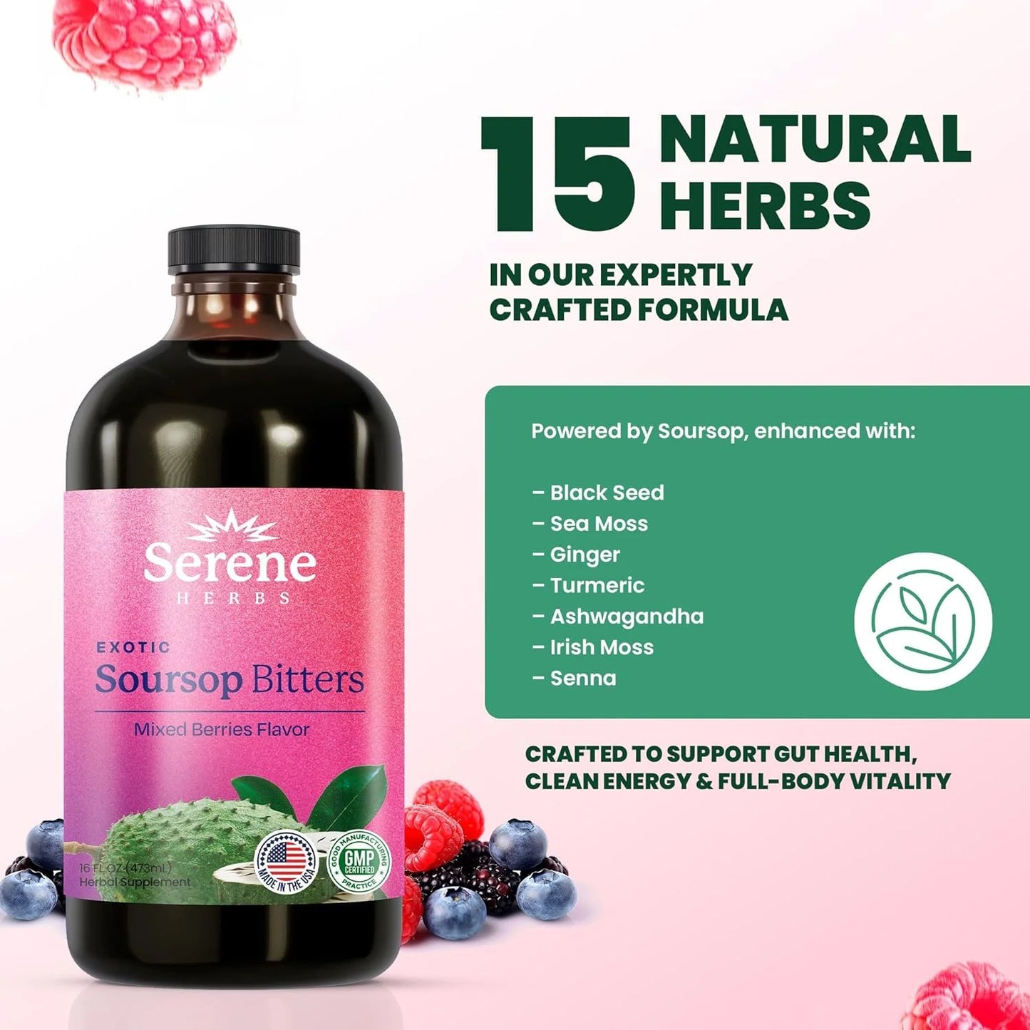 🌿 Serene Herbs Vitality 15™ Soursop Bitters – Premium 15-in-1 Herbal Formula