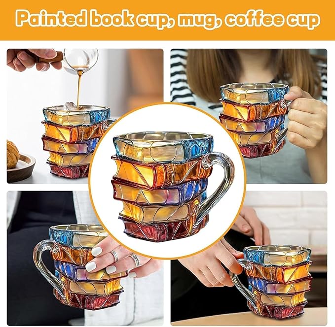 3D Painted Book Stack Glass Coffee Mug