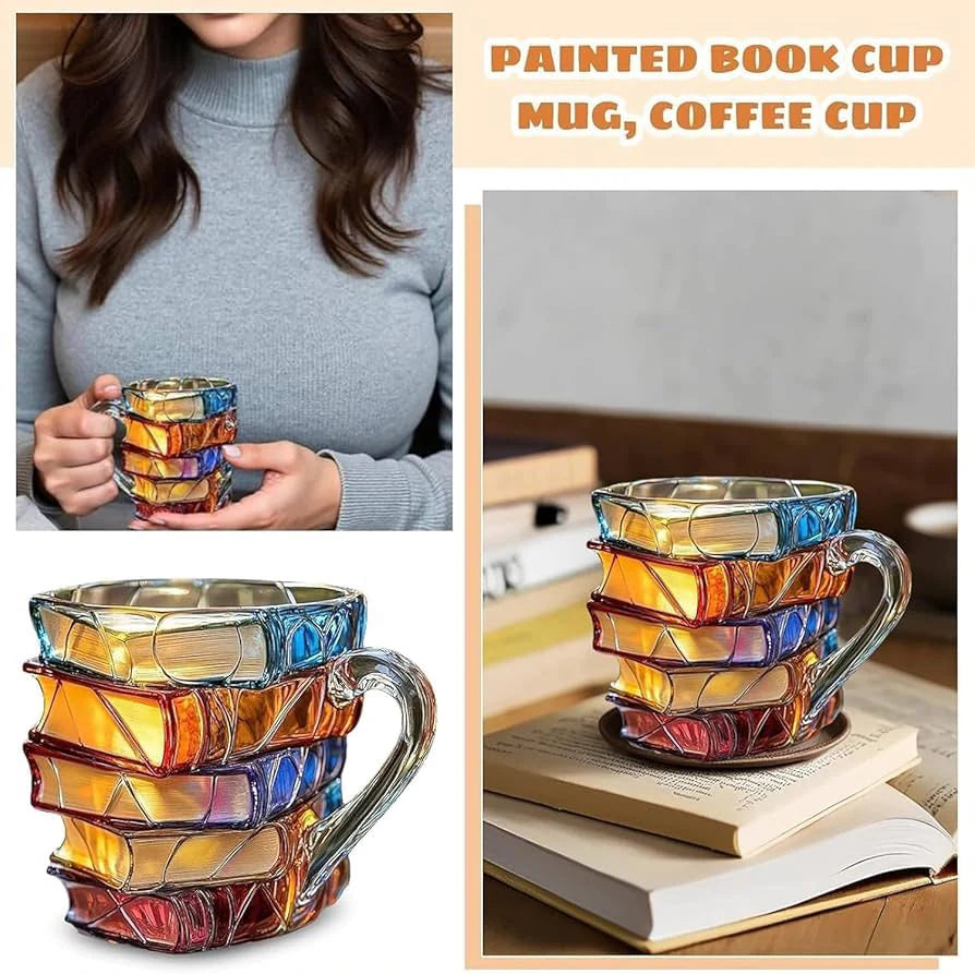 3D Painted Book Stack Glass Coffee Mug