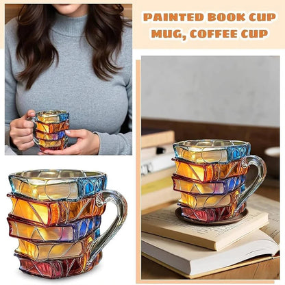 3D Painted Book Stack Glass Coffee Mug